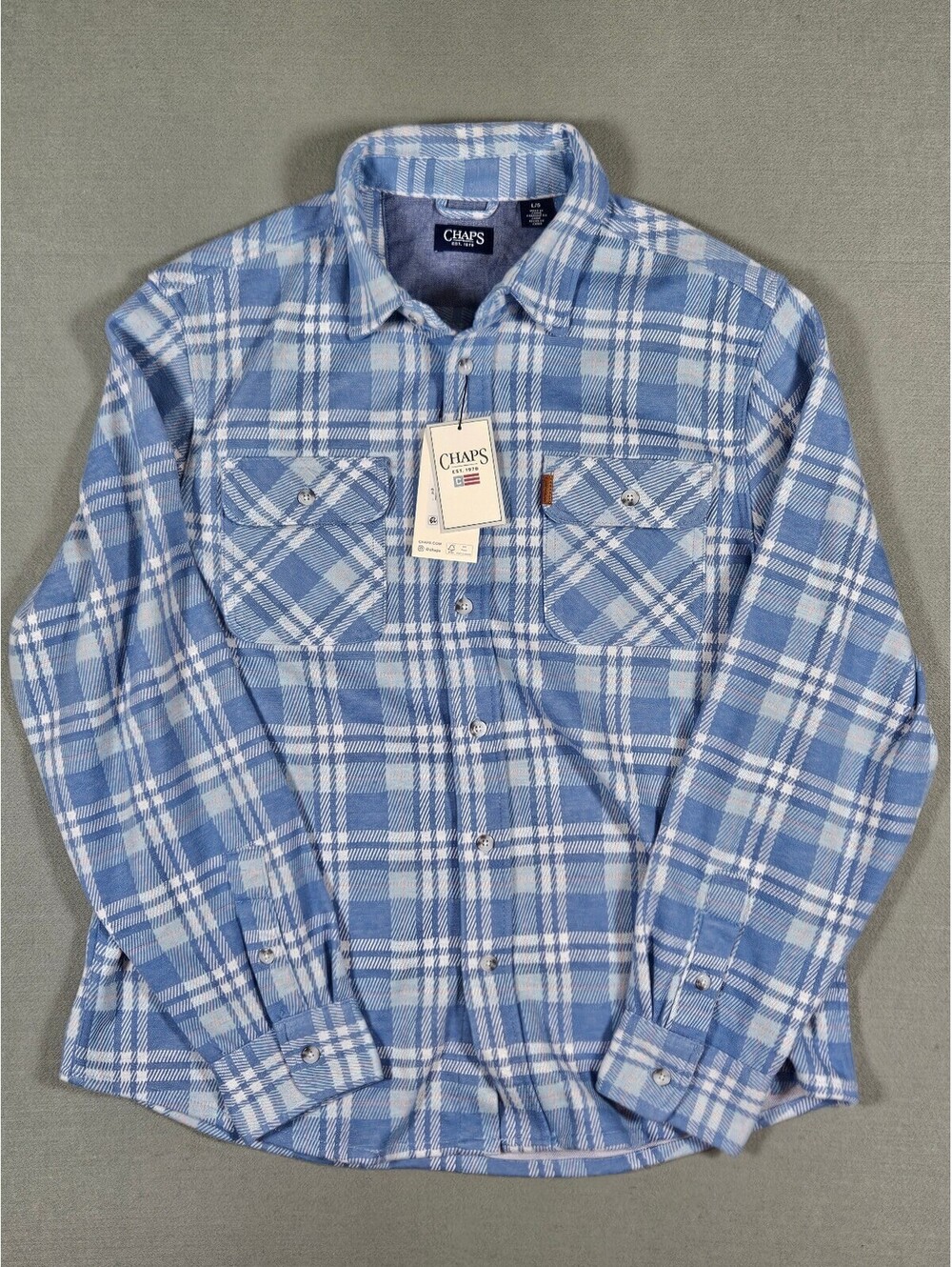 Chaps Men Blue Plaid 2-Way Stretch Knit Flannel Shirt L